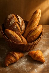 Quickly available artisan bread, crusty baguettes, and flaky croissants in a rustic basket, ideal for a satisfying breakfast or a fast snack anytime
