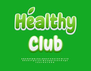 Vector Wellness template Healthy Club. Creative White and Green Font. Groovy Rounded Alphabet Letters and Numbers set.