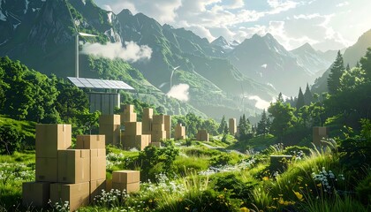 Lush valley scene with cardboard boxes stacked in a sunny, verdant landscape with mountains, solar panel and wind turbines in the distance