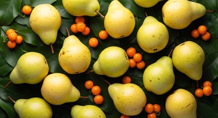 Fresh yellow pears and orange berries on green leaves background texture