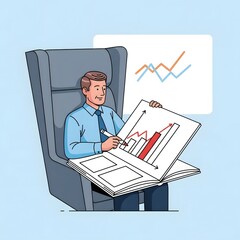 Illustrated businessman in an armchair presenting a report with upward trending bar graphs and data analytics for corporate growth