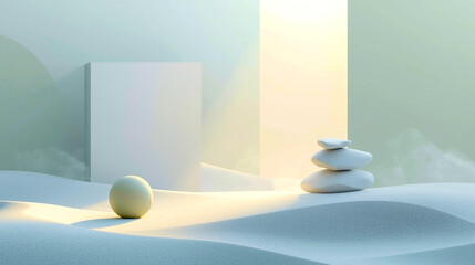 Minimalist Zen Architecture: Abstract Balance of Sphere, Cairn, and Cube