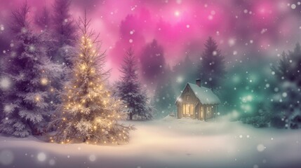 A magical winter night with snow-covered trees glowing in soft colorful lights. The dreamy bokeh background and sparkling snowflakes create a festive, enchanting, and heartwarming holiday mood.