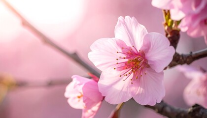 Macro shot showing pink delicate blossoms in soft focus. Sunlit petals showcase intricate details on branches. Radiant light fills the background