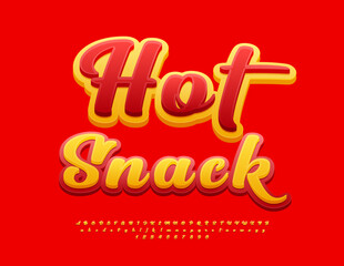 Vector bright template Hot Snack. Red and Yellow artistic Font. Set of Calligraphic Alphabet Letters and Numbers