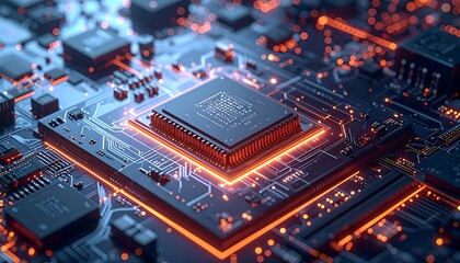 Macro view of a central processing unit (CPU) and circuit board illuminated with orange and blue lights