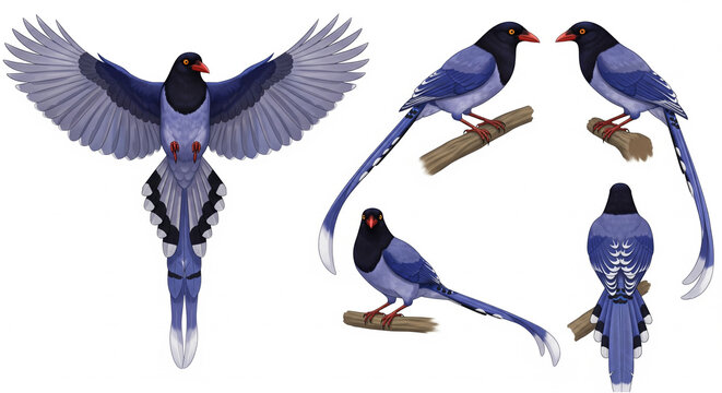 Detailed illustration of the Taiwan blue magpie from multiple angles