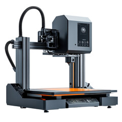 Modern 3d printer with orange print bed and black frame for rapid prototyping and manufacturing use on transparent background