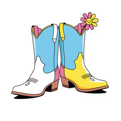 Whimsical Cowboy Boots with Pastel Colors and a Smiling Flower Accent