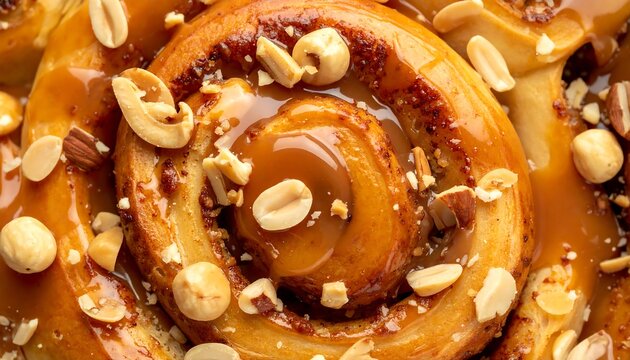 Macro view of a sweet pastry, swirled and glazed with caramel and topped with nuts. Delightful and delicious treat