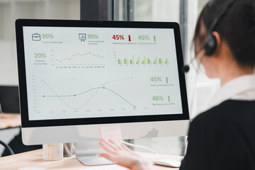 Call center operator with headset analyzing business performance dashboard, Data analytics with KPI...