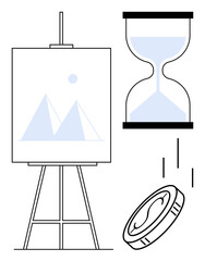 Canvas with abstract mountains on easel, hourglass symbolizing time, and a coin falling downward. Ideal for creativity, time, money, productivity, art, resource management simple flat metaphor