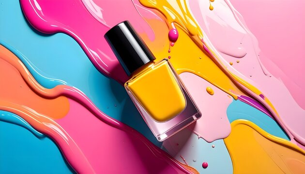Vibrant yellow nail polish bottle on a bright splashy background for beauty designs