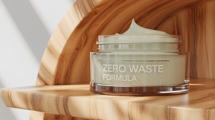 Ethical beauty brand showcasing zero waste formula cream jar on wooden shelf