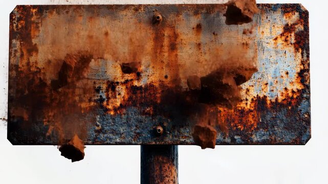 The image displays a weathered metal sign marked by rust and peeling paint. The rust and peeling paint on the sign evoke a sense of abandonment and age in the surrounding environme