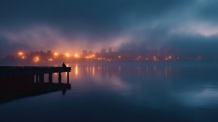 Solitary figure on pier at twilight gazes at foggy city skyline reflected in water