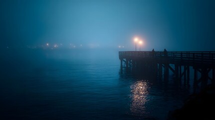 A moody foggy twilight scene captures a wooden pier with two figures and warm lamplight reflecting on the dark calm water