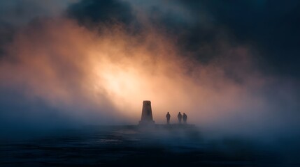 Misty sunrise creates an ethereal glow around a remote triangulation beacon with silhouetted figures standing in the atmospheric fog