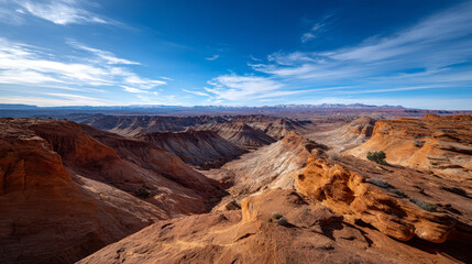 Naklejka premium Stunning wide view of endless desert sandstone hills under blue sky. beautiful desert background. gorgeous scene straight out Arabian fairy tale, where sand, heat, silence reign.