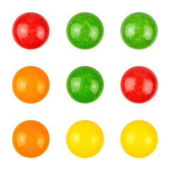 Set of tiny gumdrop candies mockup in red, green, yellow and orange, rounded sugar coated domes, isolated on transparent background, png
