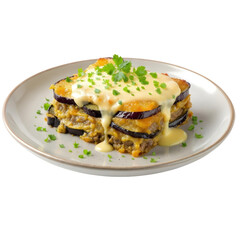 Delicious Greek moussaka casserole with eggplant, lamb, and creamy bechamel sauce topped with fresh parsley