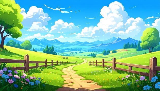 Lush, vibrant depiction of a sunny landscape featuring rolling green hills, a winding dirt path, and a backdrop of mountains under a bright blue sky