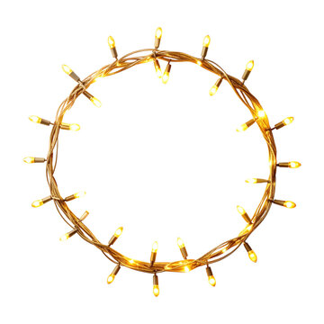 Blank warm golden twinkle light garland mockup, soft glowing mini bulbs evenly spaced along a looping wire, isolated on transparent background, png