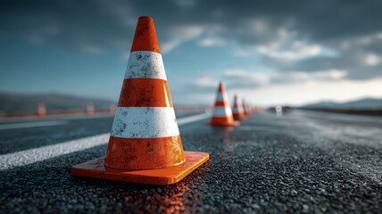 A row of orange and white traffic cones are lined up on a road
