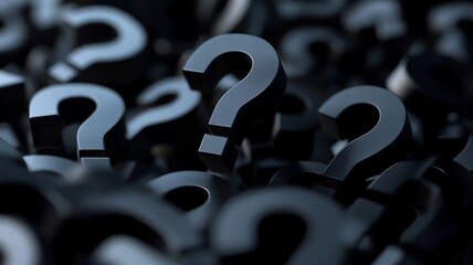 A close up of many black questions with a black background