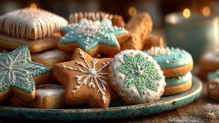 A plate of cookies with a variety of designs, including snowflakes and stars