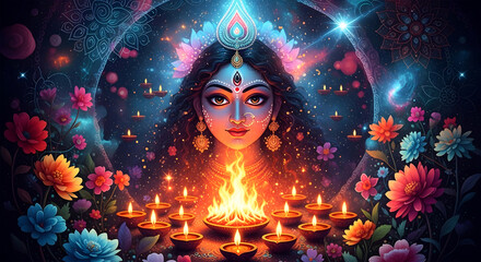 Radiant Goddess, Divine Light Amidst Blooming Flowers and Flickering Lamps, Spiritual Art