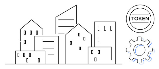 Minimalist cityscape with varied buildings, accompanied by a token and gear icon. Ideal for real estate, urban development, blockchain, fintech, technology, industry innovation. A simple flat