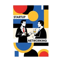 Two businessmen in suits engaging in a professional discussion at a networking event, illustrated in a modern abstract style with bold geometric shapes