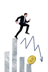 Exclusive image art pop trend collage of puzzled businessman run chart arrow regress statistics collapse dollar coin loss