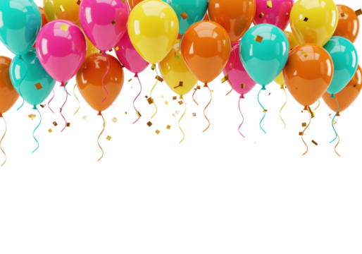 Vibrant glossy helium balloons in pink, yellow, orange, turquoise, teal with matching ribbons, gold confetti falling, on a transparent background with copy space, joyful celebration atmosphere