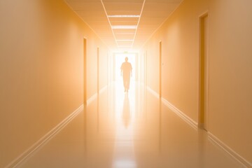 Obraz premium Illuminated Pathway to the Light: A silhouette of a person strides towards a radiant light at the end of a long, pristine corridor, evoking a sense of hope, purpose, and spiritual journey.