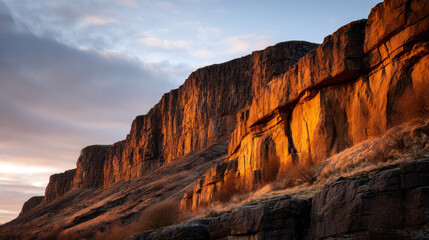 Patterned rock face of a sandstone cliff glowing in sunset light. beautiful desert background. gorgeous scene straight out Arabian fairy tale, where sand, heat, silence reign.