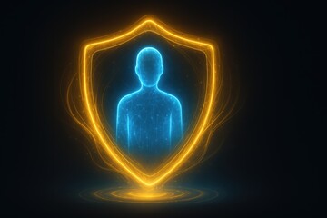 Glowing shield outline protects a person figure with connected nodes inside.
