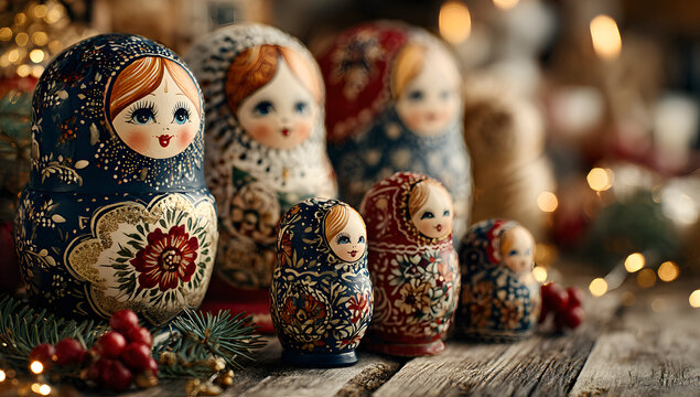 Russian matryoshka dolls in a festive Christmas setting with folk art
