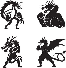 Dynamic Set of Chinese Dragon Boxing Silhouettes, Modern Vector Illustrations for Martial Arts and Fitness Logos