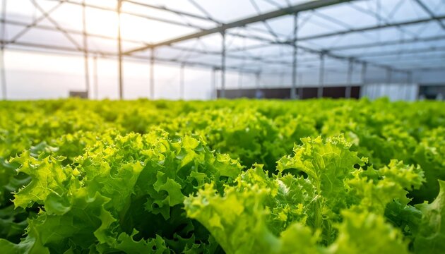 Lush, vibrant green lettuce filling a sunlit, transparent roofed greenhouse. Focus is on the crisp leaves in the foreground, with rows receding