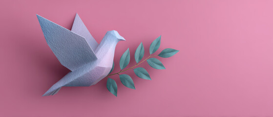 Fototapeta premium Elegant Paper Bird With Leaf Against Soft Pink Background
