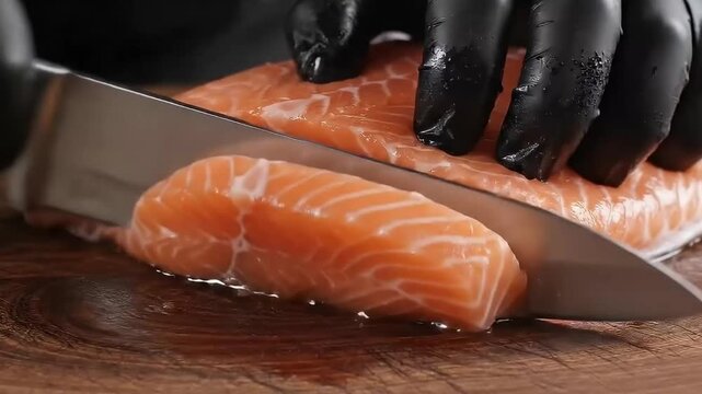 A professional chef wearing black gloves skillfully slices a fresh, raw salmon fillet with a sharp knife. This detailed close-up shot on a rustic wooden cutting board highlights the vibrant orange col