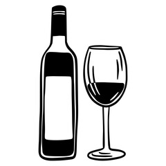 Vector of Wine Bottle and Glass. Minimalist black and white vector illustration featuring a wine bottle and glass, perfect for bar menus, restaurant logos, or elegant design themes. 