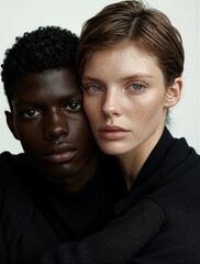 Artistic portrait of two people embracing, expressing unity, diversity, and connection. Minimalist fashion and soft lighting highlight emotional depth and human beauty in a timeless composition.