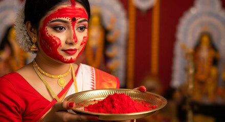 A woman standing holding a plate of red powder at a traditional religious festival