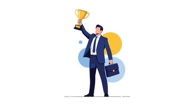 A successful businessman in a blue suit stands confidently, holding a golden trophy high in one hand and a briefcase in the other, symbolizing achievement and victory.