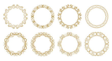 Obraz premium A versatile set of eight ornate golden round frames showcasing diverse intricate and elegant decorative designs for sophisticated projects.