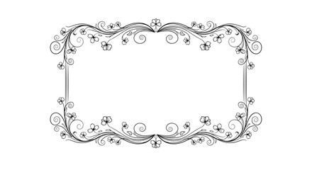Naklejka premium Elegant black and white floral frame with intricate swirling vines and clover-like leaves, perfect for invitations and decorative designs.