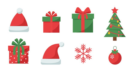 Christmas Icons Vector Set Santa Hats, Gift Boxes, Christmas Tree, Snowflake, and Ornament Graphics